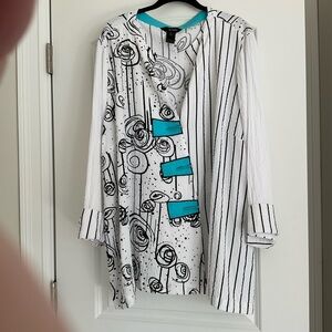 Artistic Black and White Striped Jacket with Turquoise Accents